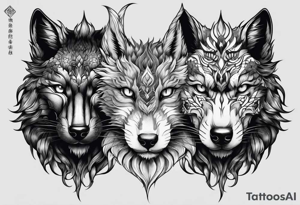 three animal heads merged. On the left chinese dragon head, in the middle feline cat head, on the right wolf head tattoo idea