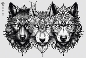 three animal heads merged. On the left chinese dragon head, in the middle feline cat head, on the right wolf head tattoo idea