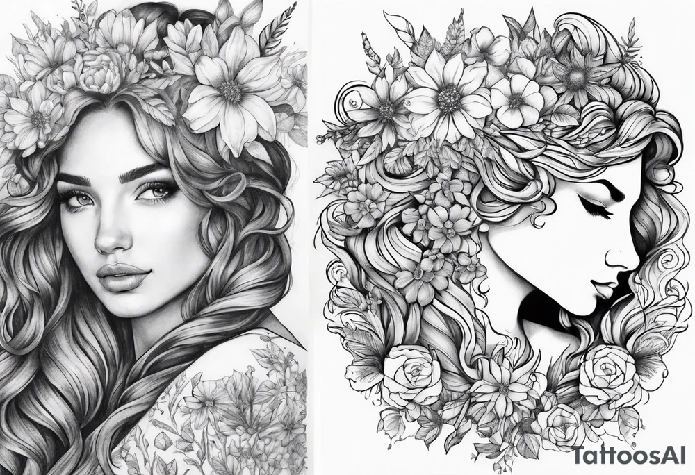 wildflowers and unicorn and warrior curly hair princess half sleeve tattoo idea