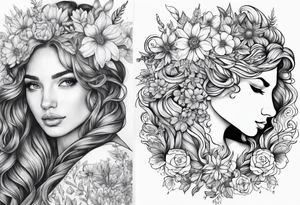 wildflowers and unicorn and warrior curly hair princess half sleeve tattoo idea
