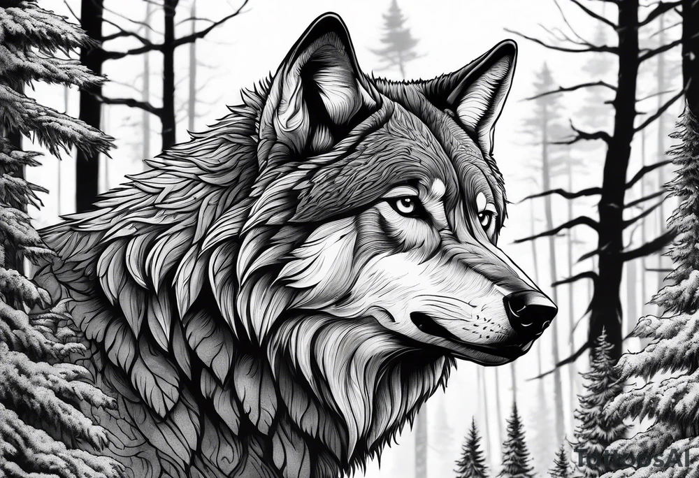 Detailed powerful AlphaWolf in Front of a scary forest tattoo idea