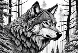 Detailed powerful AlphaWolf in Front of a scary forest tattoo idea