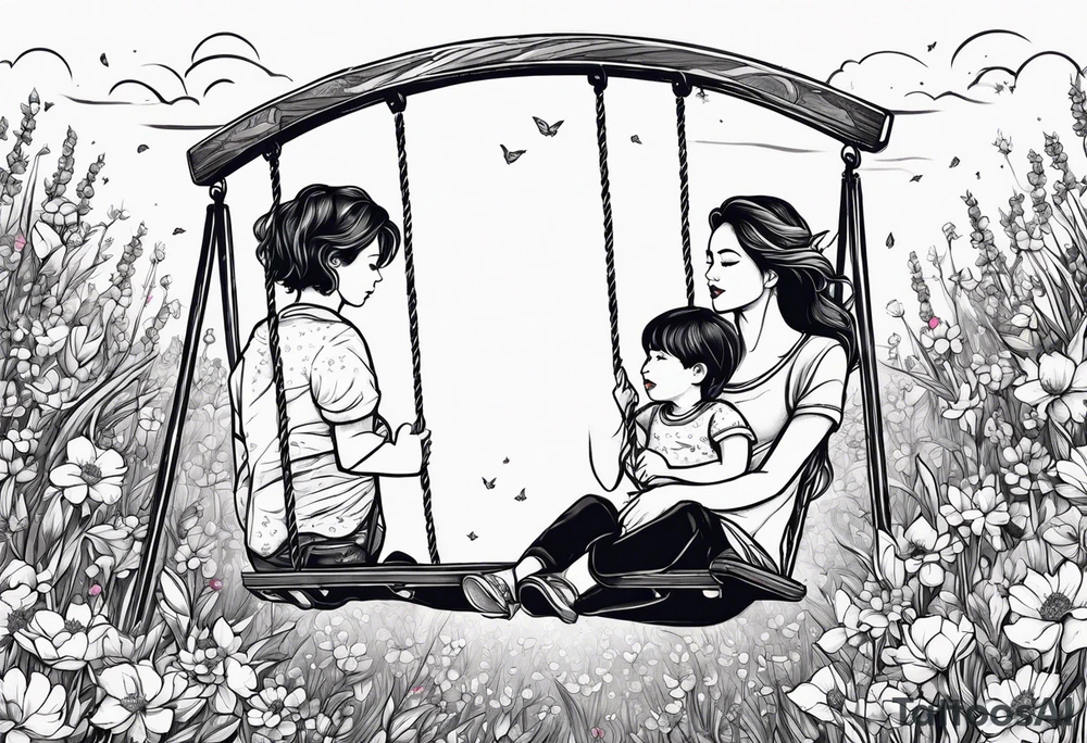 Mom with son and daughter on a swing in the distance in a field of flowers tattoo idea