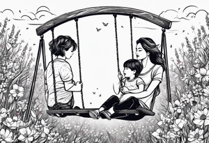 Mom with son and daughter on a swing in the distance in a field of flowers tattoo idea