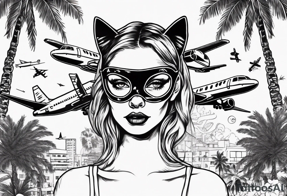 girl in a cat mask with palm trees and airplanes in the background tattoo idea