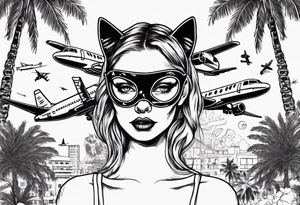 girl in a cat mask with palm trees and airplanes in the background tattoo idea