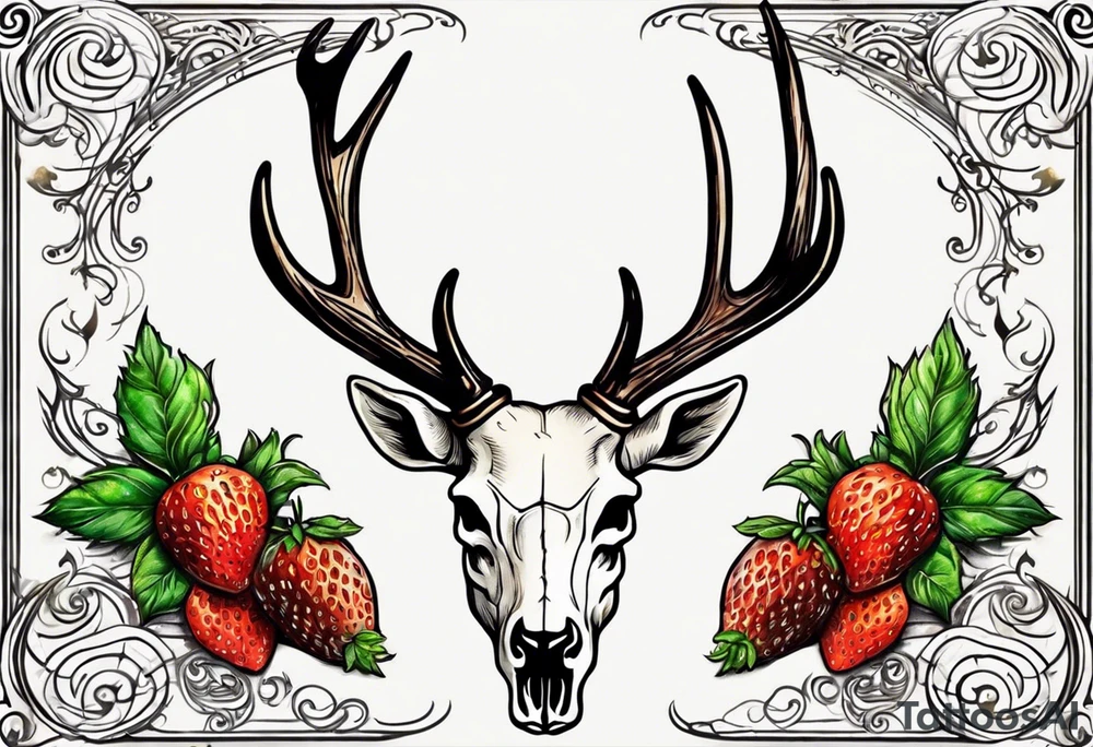 A deer skull. The astrological sign for Aries and Taurus hanging from the antlers. There should be some strawberry imagery in it also. tattoo idea