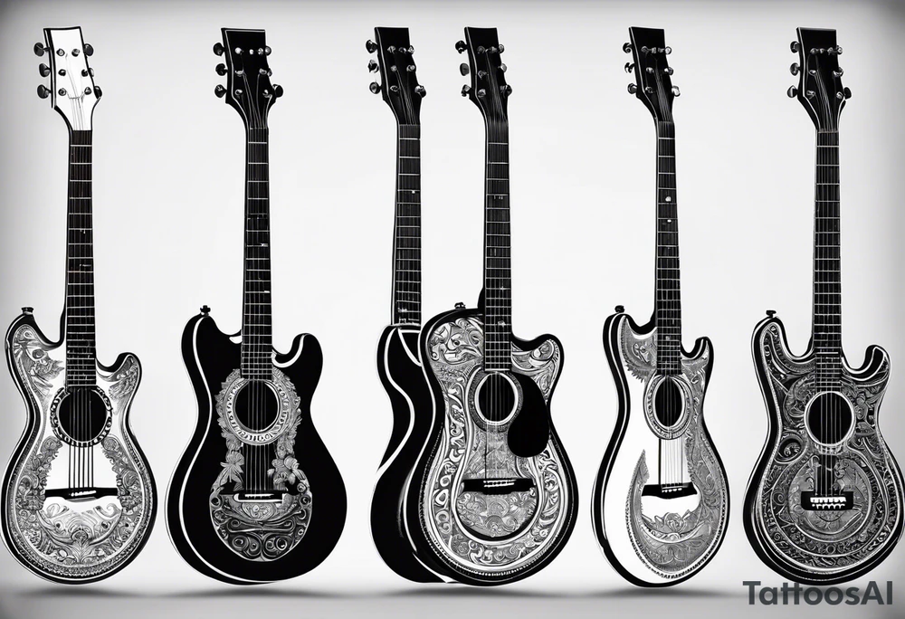 A minimalist guitar design, small in size, with clean lines and vintage detailing. The guitar represents a deep connection to music, with a classic, understated design that captures its essence without embellishments. tattoo idea