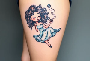 Curly haired Woman smoking while floating in space tattoo idea