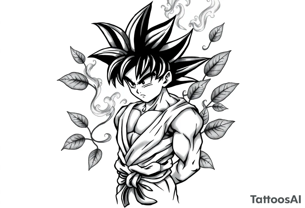 Tattoo design of Son Goku with smoke flowing through his body, surrounded by leaves in negative space effect, featuring soft shading around the edges and dotwork shading inside, with multiple contrast levels throughout. Highly detailed, intricate design with dynamic composition, emphasizing the interaction between the smoke and character, with the negative space leaves creating depth and balance. Professional tattoo art style with clean lines and sophisticated shading techniques. tattoo idea