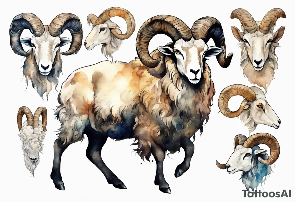 a large man with the head and feet of a big horned sheep tattoo idea