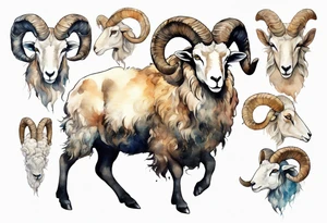 a large man with the head and feet of a big horned sheep tattoo idea