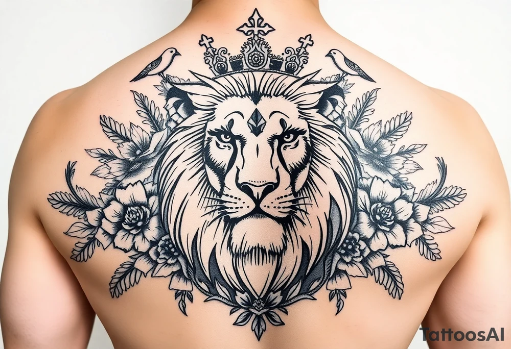 powerful majestic lion with a crown, surrounded by floral ornaments and birds tattoo idea