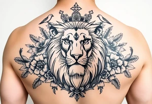 powerful majestic lion with a crown, surrounded by floral ornaments and birds tattoo idea