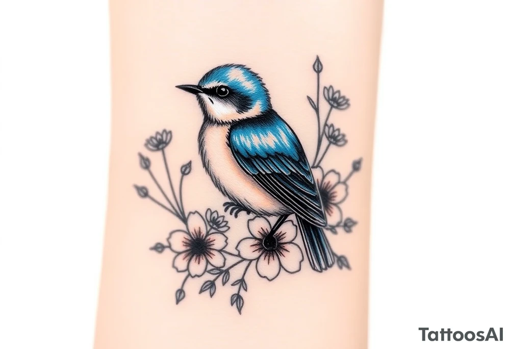 Puffy bluebird surrounded by wild flowers tattoo idea