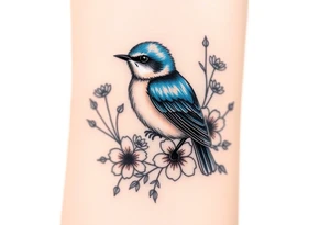 Puffy bluebird surrounded by wild flowers tattoo idea