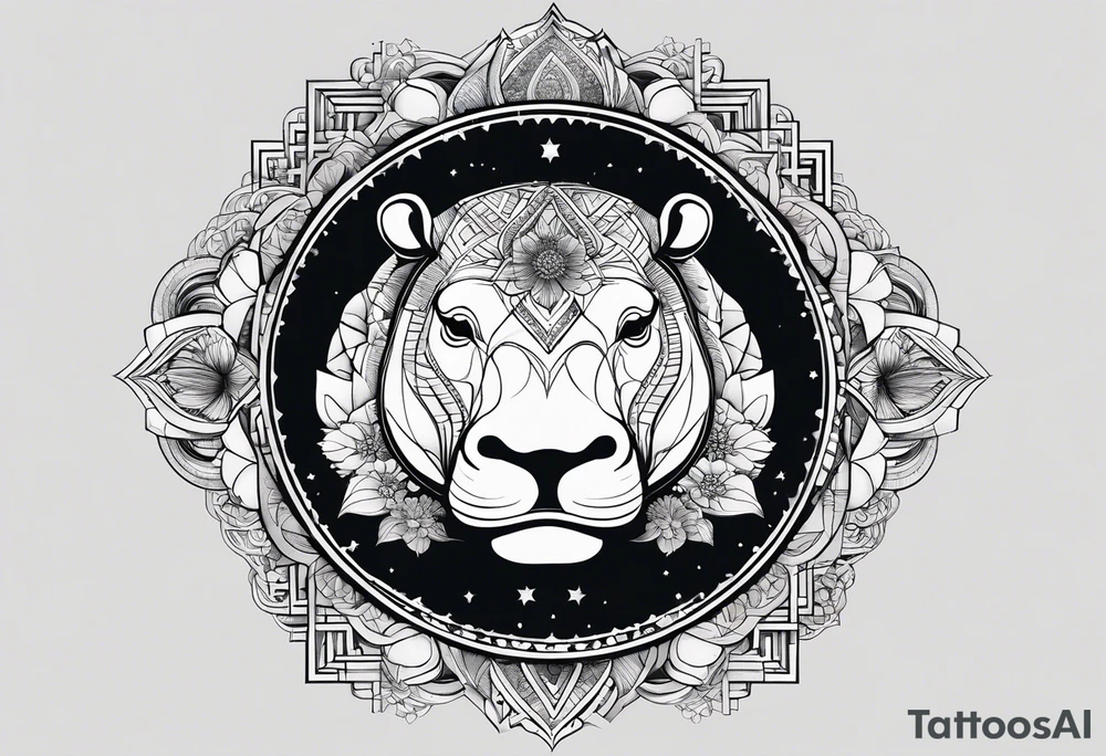 Very asymmetrical, +geometric pattern, with realistic full moon, with seeious looking hippo, +zen feel, + Buddhism touch, +tribal, +geometric
with wintersweet flower bud, +portrait orientation, +inkart touch, tattoo idea