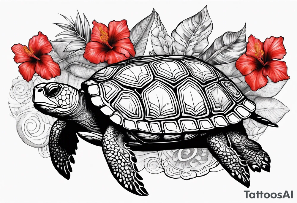 Black Polynesian turtle with red hibiscus flower in the middle of turtles shell tattoo idea