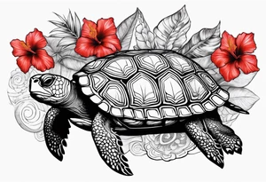 Black Polynesian turtle with red hibiscus flower in the middle of turtles shell tattoo idea