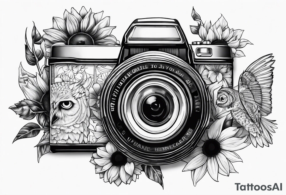 sunflower, camera, fish, owl tattoo idea