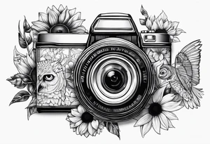 sunflower, camera, fish, owl tattoo idea