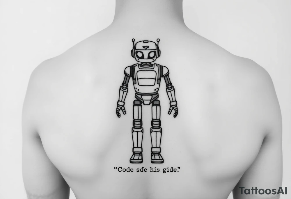 start with a simple line-art robot—give it a subtle glitch effect by offsetting a few circuit lines. Then add the code phrase below or beside it. For his side, mirror that same robot design, but keep the lines clean, and add the "fixed" code phrase. tattoo idea