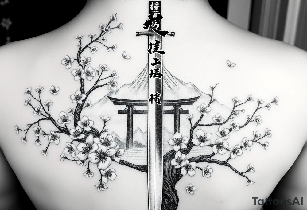 This is a black and gray realism tattoo rooted in discipline, duality, and intention. The centerpiece is a vertical katana, modeled after your original ink, clean and upright like a spine—symbolizing focus, precision, and grounded energy. It’s wrapped in the flowing limbs of a sakura tree, not as an accessory, but as an extension of the blade itself—representing beauty that blooms in adversity. Cherry blossoms aren’t scattered for aesthetics—they move with the wind, some drifting in the foreground, others clinging to the sword like it’s their protector. Behind it all sits a misty torii gate and layered mountains, giving the piece weight, history, and spiritual context. The kanji 平和の剣 (“Sword of Peace”) rides the piece vertically, not slapped on but earned—a message that resonates from the blade outward. The shading is deep and unifying, giving everything one breath, one tone, one story. Nothing floats, nothing competes. The sword doesn’t dominate the art—it becomes the axis around which peace, nature, and power orbit. tattoo idea