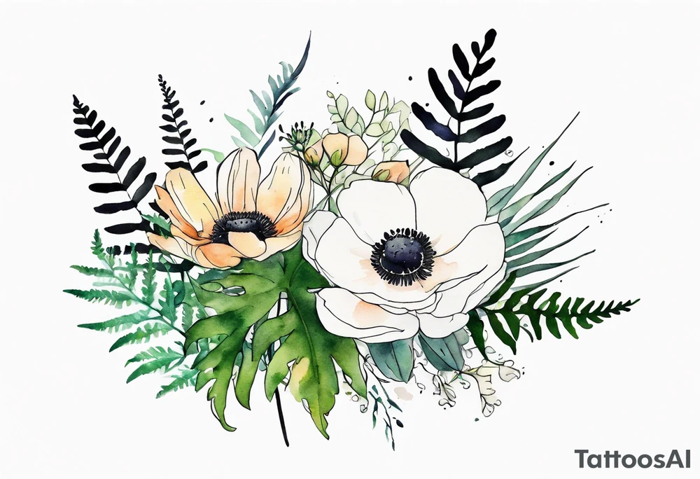 wild flower bouquet with ferns and white anemone all watercolor tattoo idea