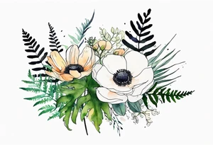 wild flower bouquet with ferns and white anemone all watercolor tattoo idea