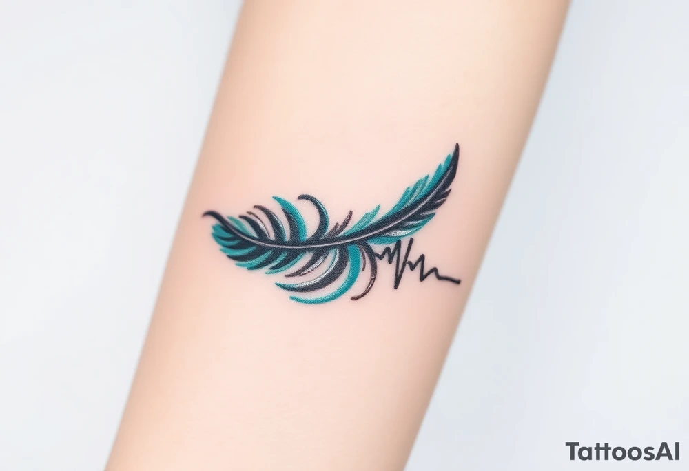 A heartbeat line curving around a delicate feather, colored in shades of teal, gray, and silver, representing lightness and freedom. tattoo idea