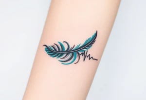 A heartbeat line curving around a delicate feather, colored in shades of teal, gray, and silver, representing lightness and freedom. tattoo idea