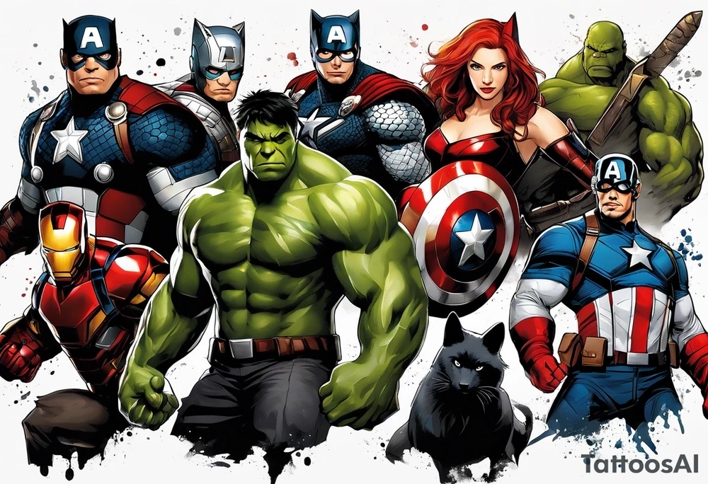 I want to change Avengers Team characters with animals. Hulk will be Badger, Thor will be Alpha Grey Wolf, Captain America will be Bull, Iron Man will be Canary, Black Widow will be Axolotl, Hawk Eye will be Sudan Plated Lizard and Nick Fury will be Cat. tattoo idea