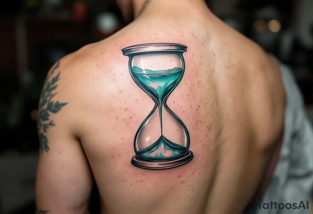 A waterfall flowing from an hourglass, with shimmering teal and silver water cascading into the unknown. tattoo idea