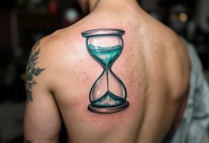 A waterfall flowing from an hourglass, with shimmering teal and silver water cascading into the unknown. tattoo idea