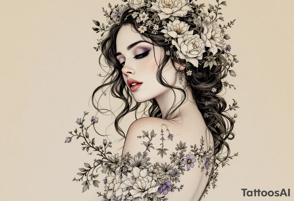 Alfons Mucha’s fairytale woman surrounded by icy floral motifs, wearing a gown of dusty silver and hints of lilac. tattoo idea