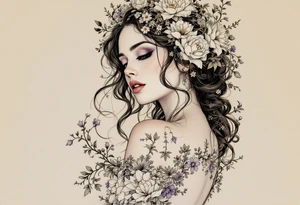 Alfons Mucha’s fairytale woman surrounded by icy floral motifs, wearing a gown of dusty silver and hints of lilac. tattoo idea