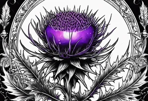 Single purple thistle with Neptune planet in the background tattoo idea