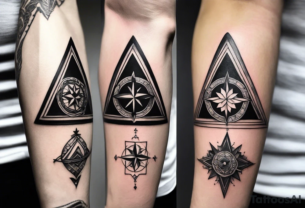 Fine line tattoo in the left forearm on the bottom side. The tattoo will have three shapes placed in a triangle formation. The top shape will be a either a plus sign or a heart that symbolizes health. The bottom left will have a compass rose or a shape symbol for purpose. The bottom right will have three circles placed in a triangle formation to symbolize family tattoo idea