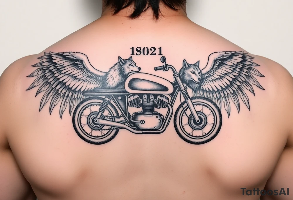 the year 1958 - 2021 with a motorcycle on it with guardian angel wolves tattoo idea