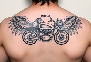 the year 1958 - 2021 with a motorcycle on it with guardian angel wolves tattoo idea