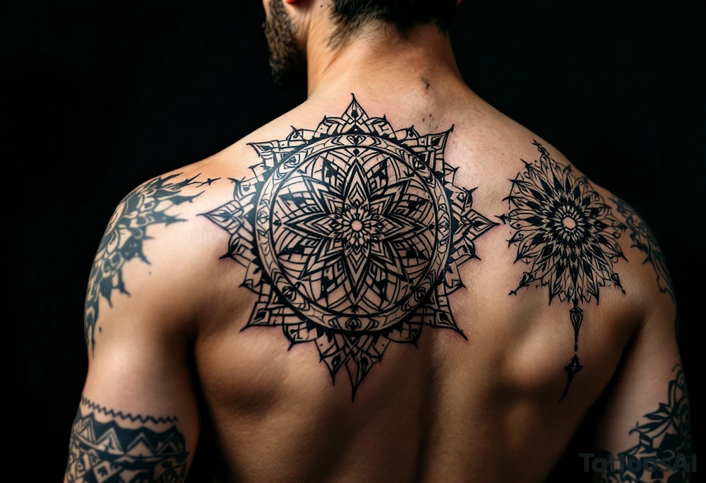intricate mandala with sacred geometry and cosmic elements tattoo idea