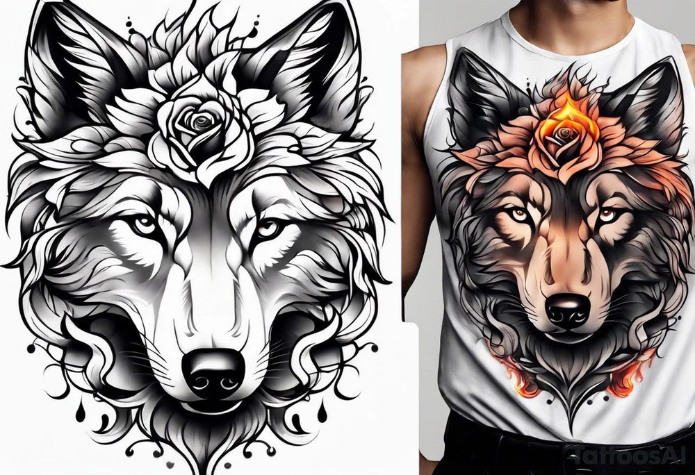 Rose with flames from top into a wolf tattoo idea