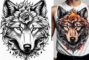 Rose with flames from top into a wolf tattoo idea