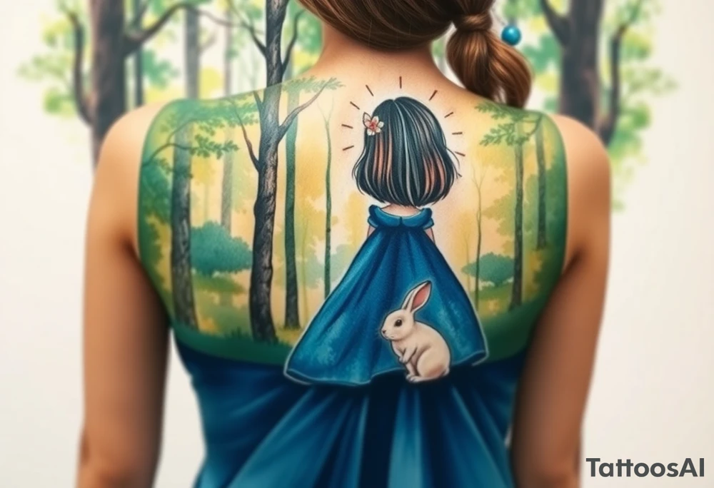 Back view of a girl in a blue dress walking in a forest following a small white rabbit. A pocket watch on top of the scene, falling amongst the trees tattoo idea