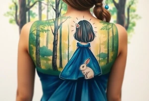 Back view of a girl in a blue dress walking in a forest following a small white rabbit. A pocket watch on top of the scene, falling amongst the trees tattoo idea