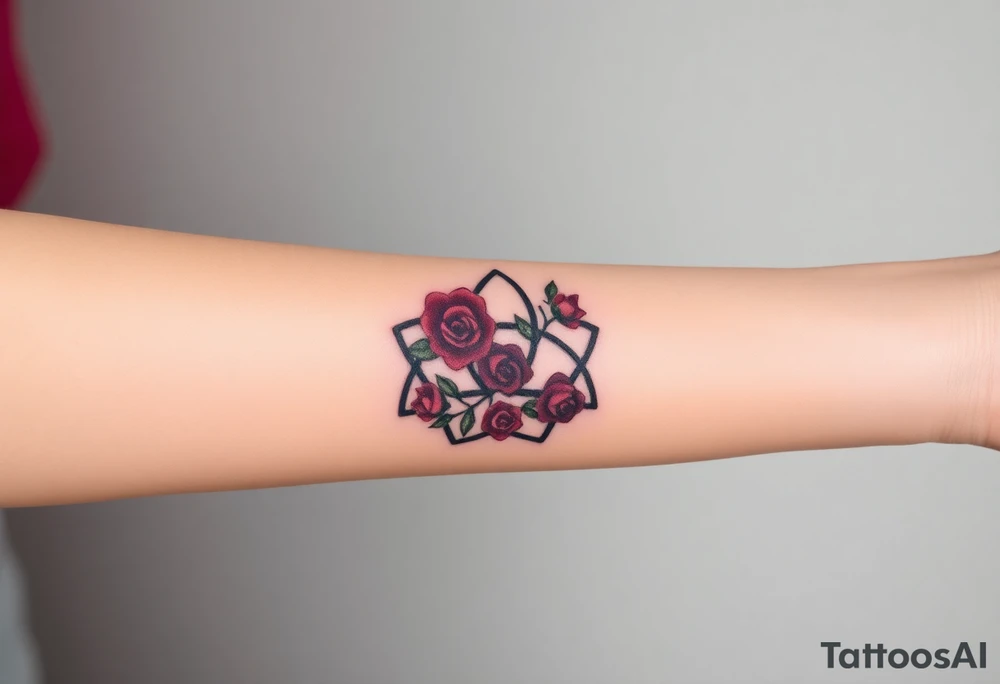 Triquetra with a flower crown going through it made out of tiny maroon and rose blush colored roses tattoo idea