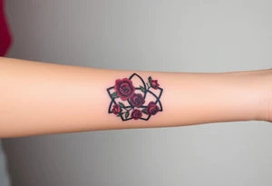 Triquetra with a flower crown going through it made out of tiny maroon and rose blush colored roses tattoo idea