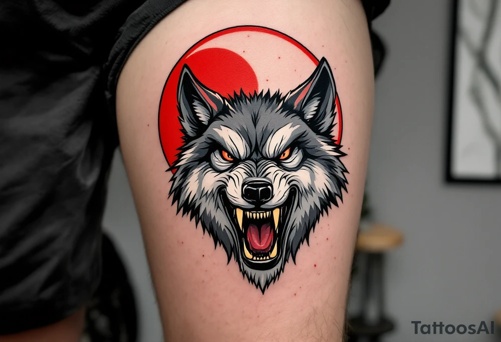 Snarling wolf under a lunar eclipse, with half-red, half-shadowed moon in the sky, done in bold black, gray, and red ink. tattoo idea