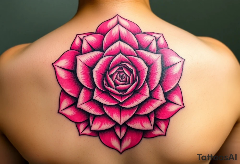 The pink rose appears as if viewed through a mesmerizing kaleidoscope, with its delicate petals radiating outward in a perfectly symmetrical, fractal-like pattern. Shades of soft blush and vibrant magenta blend seamlessly, creating a hypnotic, almost surreal visual effect that draws the eye deeper into its intricate layers. The petals seem to fold and reflect infinitely, forming geometric shapes that shift and transform, giving the rose an ethereal, dreamlike quality on a hand tattoo tattoo idea
