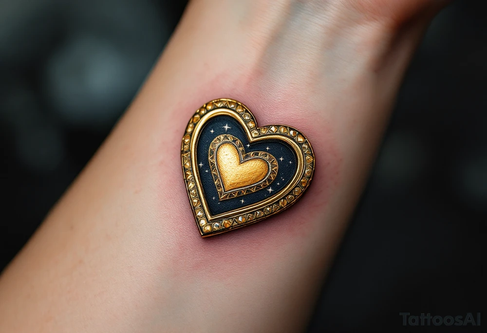Nikolka wrapped in a golden heart-shaped locket, slightly open with sparkles around. tattoo idea